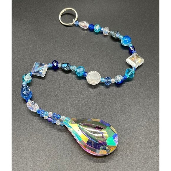 Blue Beaded Suncatcher - Clear Crystal Prism - Indoor Outdoor Hanging Decor - Picture 10 of 16